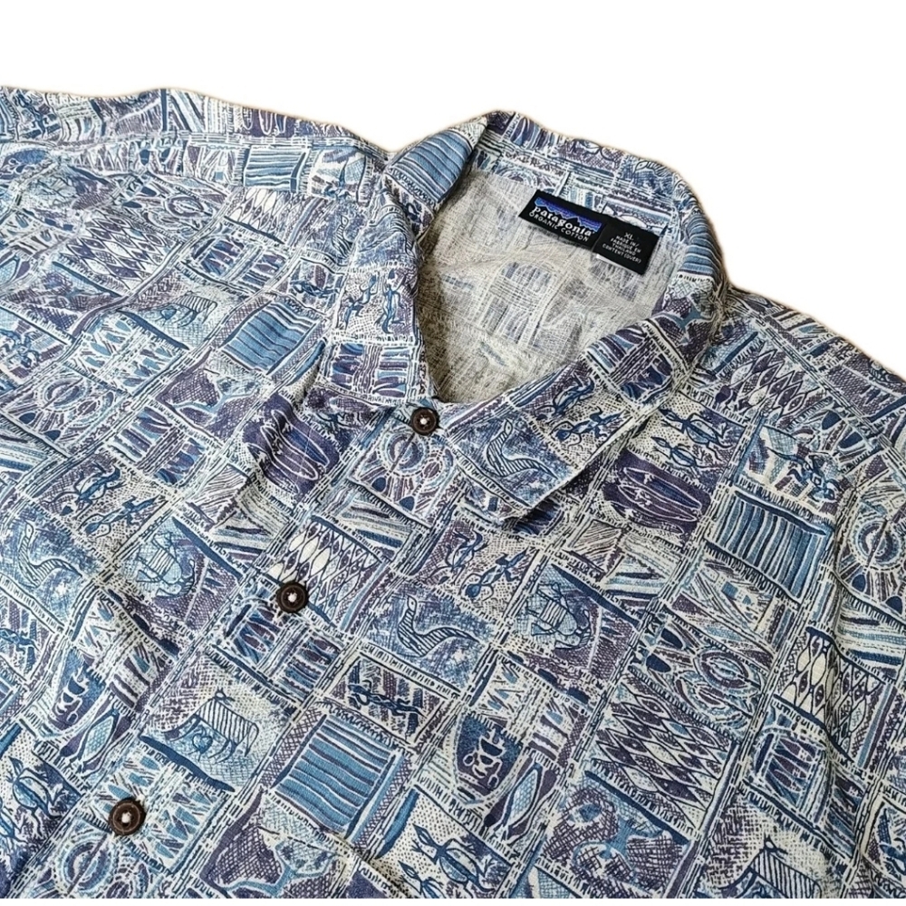 Vtg Patagonia Surfer Camp Shirt Sz XL Blue Purple Aquatic Tribal Organic Cotton